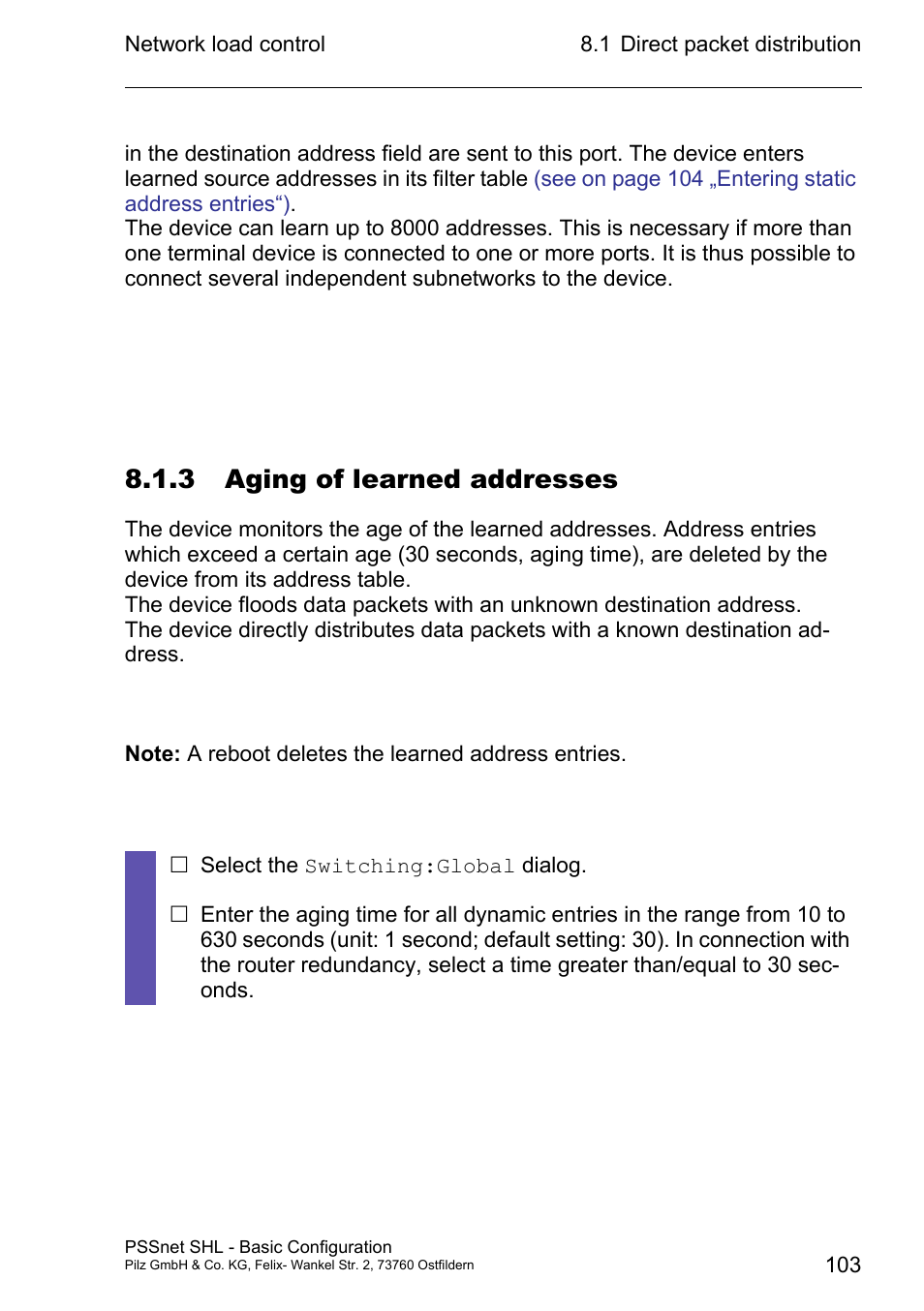 3 aging of learned addresses | Pilz PSSnet SHL 8T MRP User Manual | Page 102 / 203