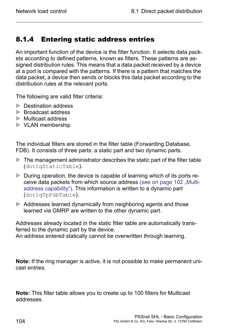 4 entering static address entries | Pilz PSSnet SHL 8T MRP User Manual | Page 103 / 203