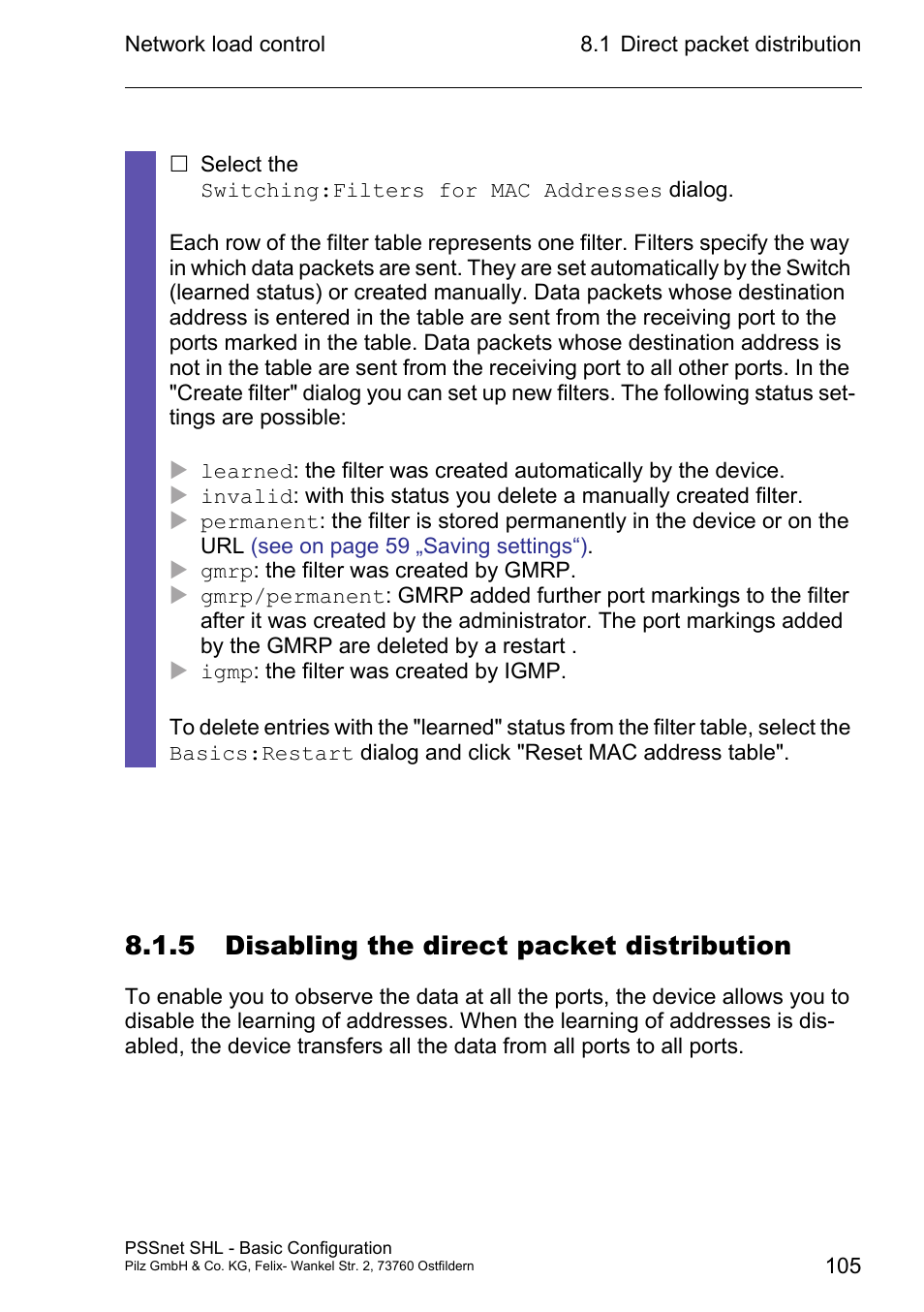 5 disabling the direct packet distribution | Pilz PSSnet SHL 8T MRP User Manual | Page 104 / 203