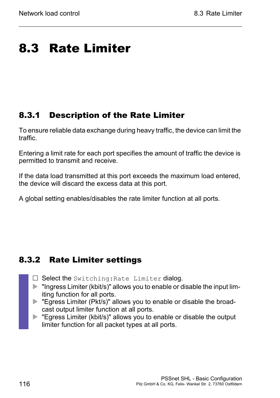 Rate limiter, 1 description of the rate limiter, 2 rate limiter settings | 3 rate limiter | Pilz PSSnet SHL 8T MRP User Manual | Page 115 / 203