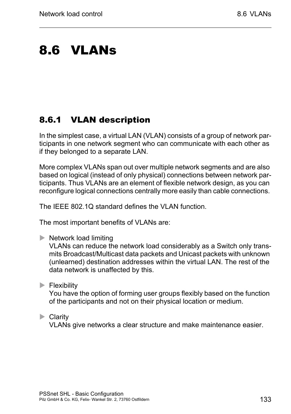 Vlans 133 8.6.1 vlan description, 6 vlans, 1 vlan description | Pilz PSSnet SHL 8T MRP User Manual | Page 132 / 203