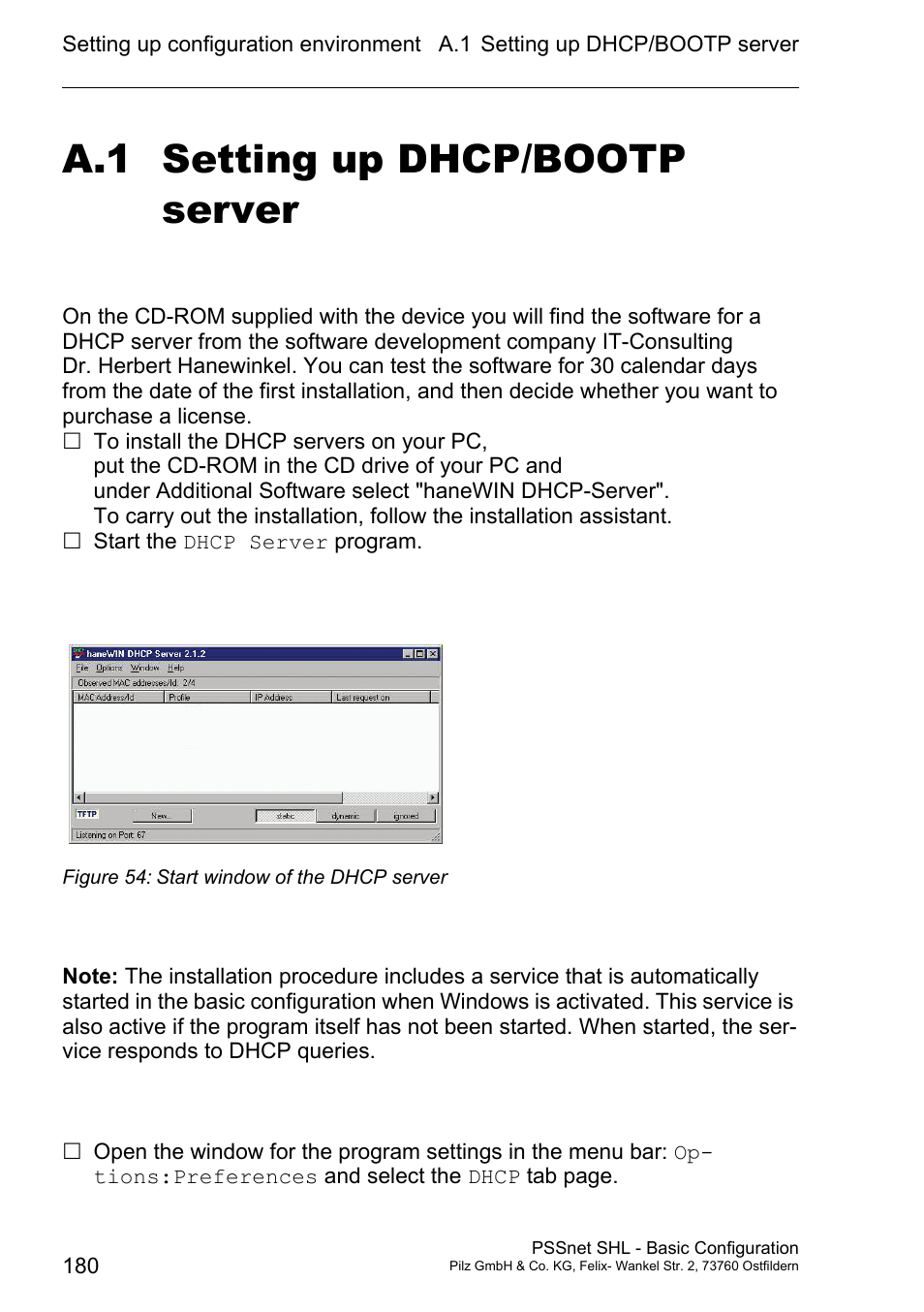 Setting up dhcp/bootp server, A.1 setting up dhcp/bootp server | Pilz PSSnet SHL 8T MRP User Manual | Page 179 / 203
