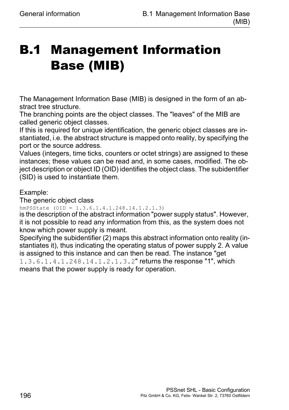 Management information base (mib), B.1 management information base (mib) | Pilz PSSnet SHL 8T MRP User Manual | Page 195 / 203