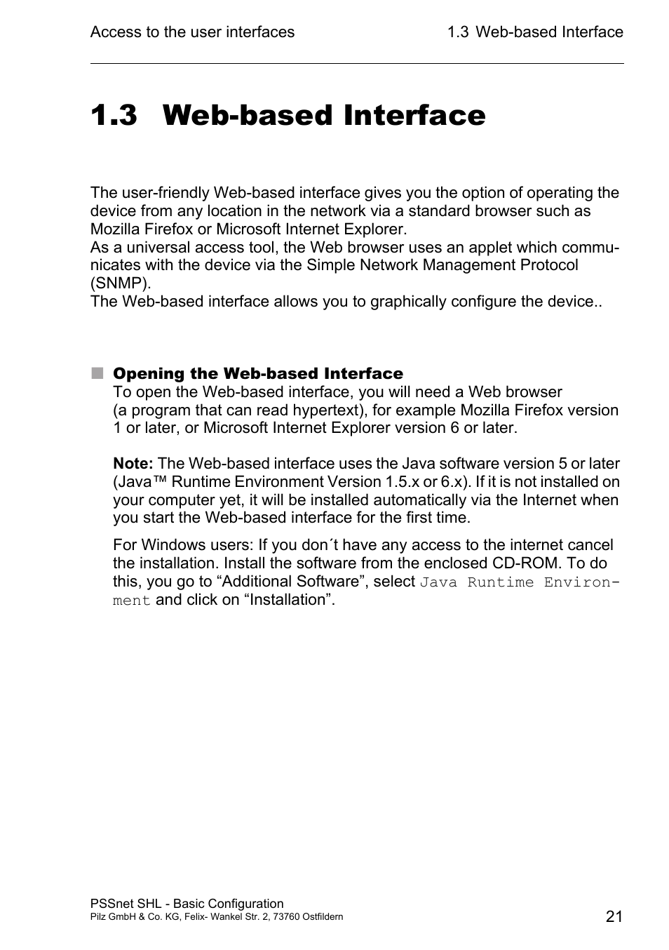Web-based interface, 3 web-based interface | Pilz PSSnet SHL 8T MRP User Manual | Page 20 / 203