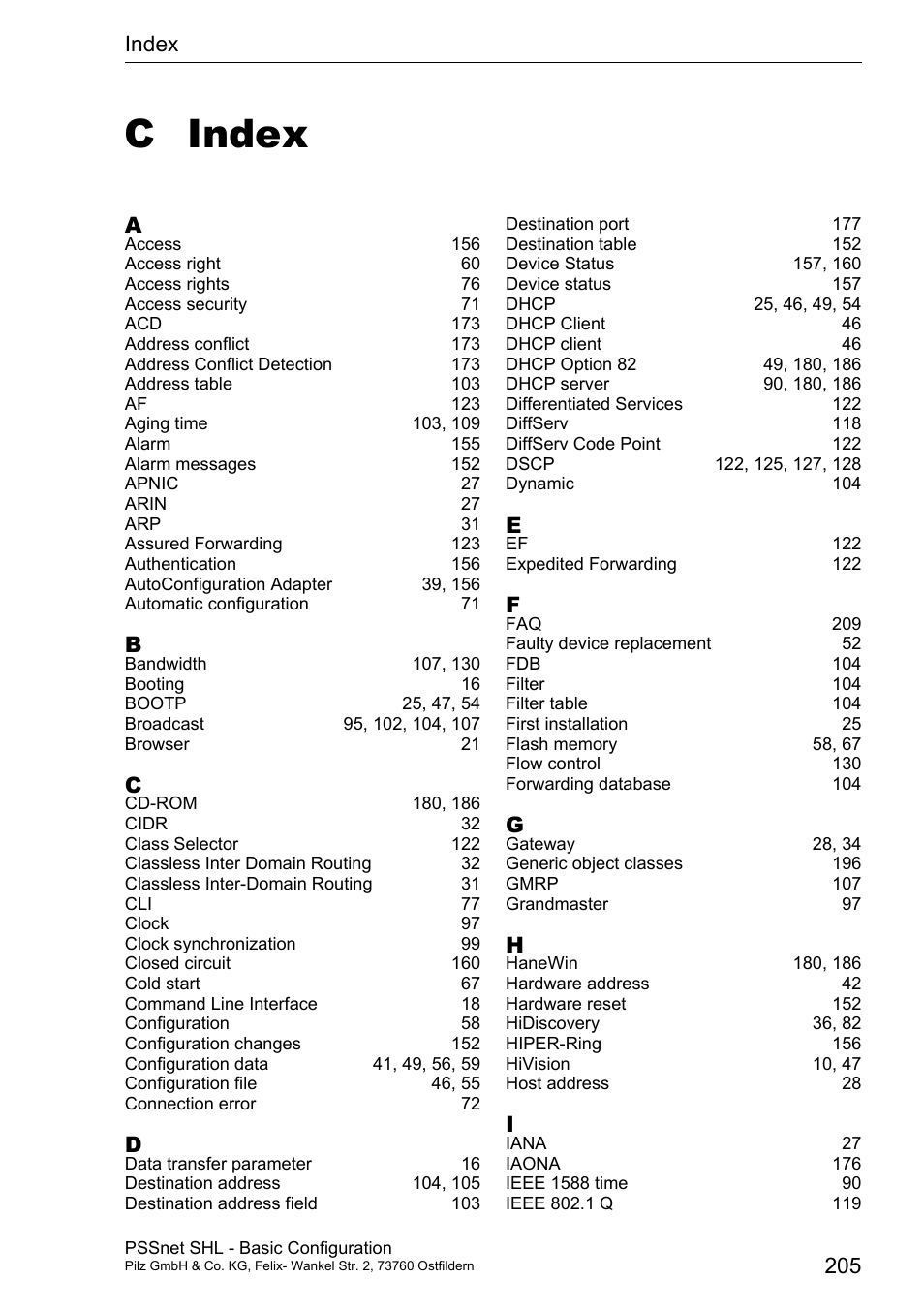 Index, C index, Index 205 | Pilz PSSnet SHL 8T MRP User Manual | Page 200 / 203