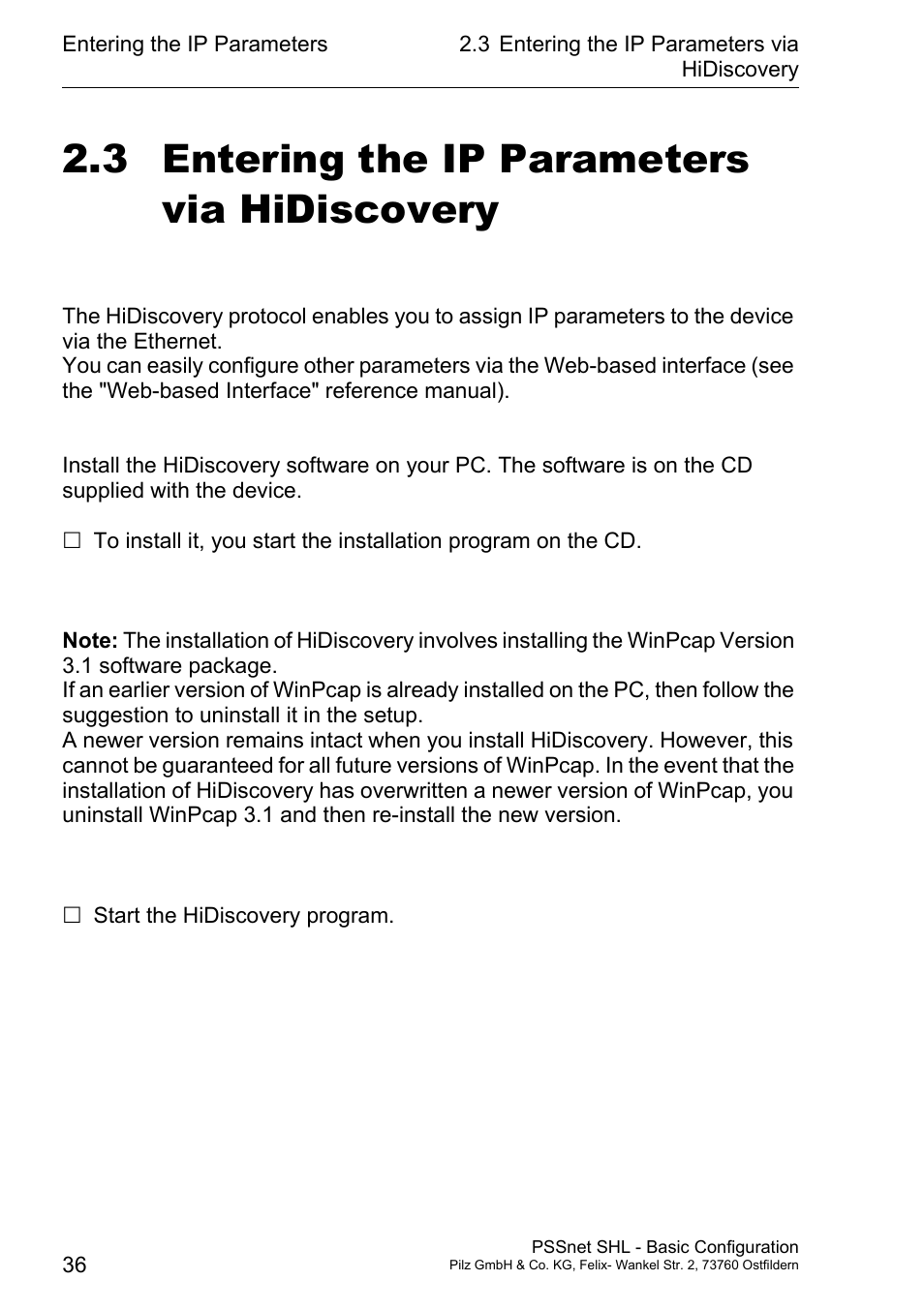 Entering the ip parameters via hidiscovery, 3 entering the ip parameters via hidiscovery | Pilz PSSnet SHL 8T MRP User Manual | Page 35 / 203