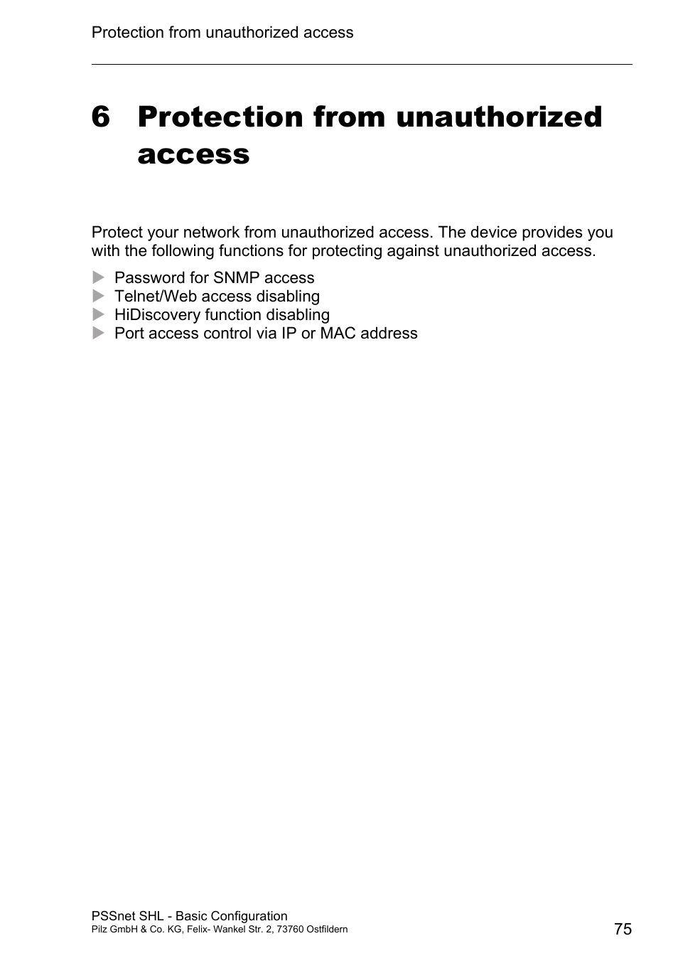 Protection from unauthorized access, 6 protection from unauthorized access | Pilz PSSnet SHL 8T MRP User Manual | Page 74 / 203