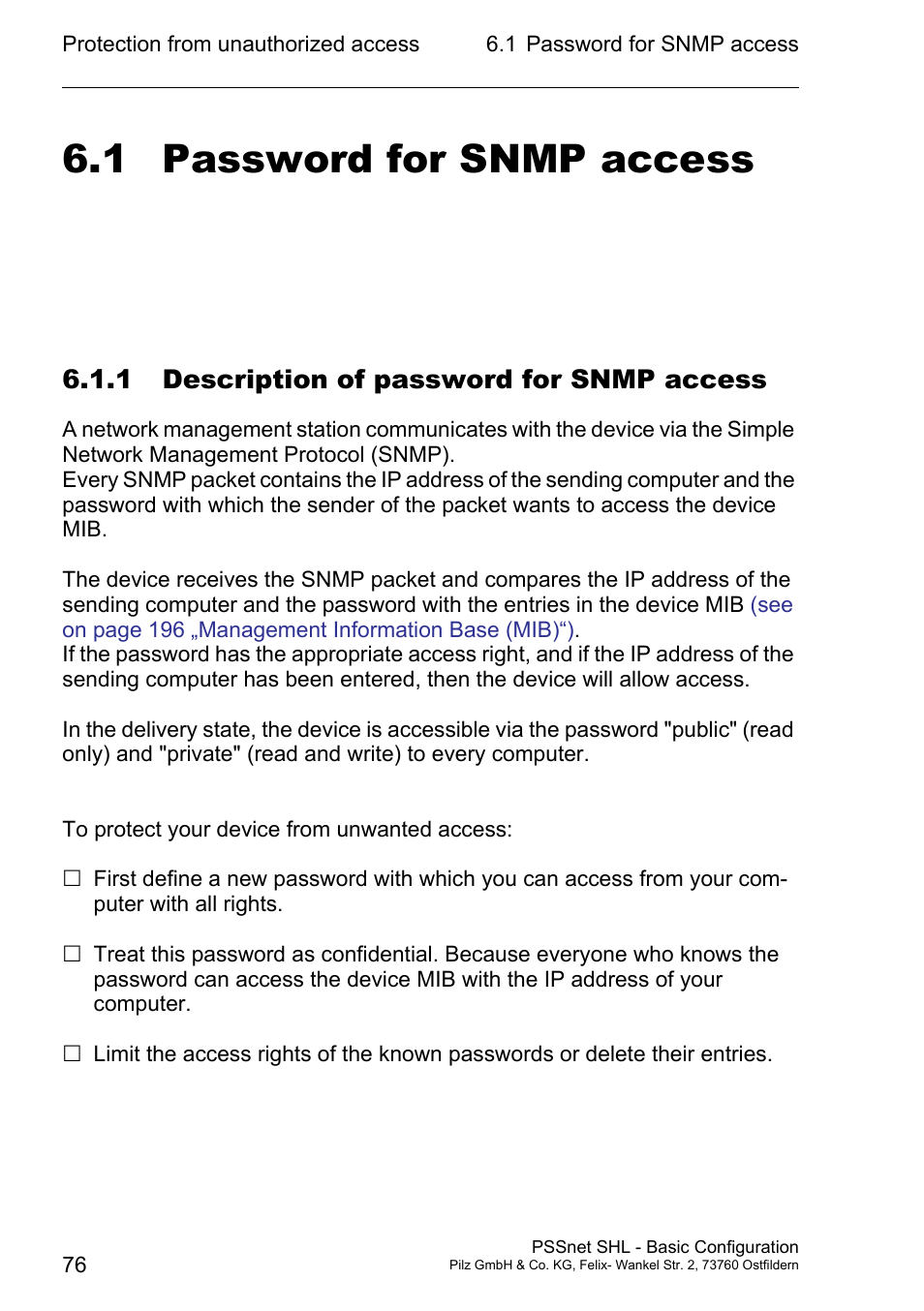 Password for snmp access, 1 description of password for snmp access, 1 password for snmp access | Pilz PSSnet SHL 8T MRP User Manual | Page 75 / 203