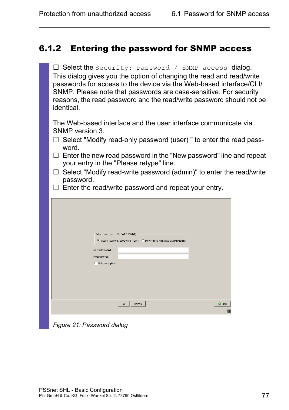 2 entering the password for snmp access | Pilz PSSnet SHL 8T MRP User Manual | Page 76 / 203