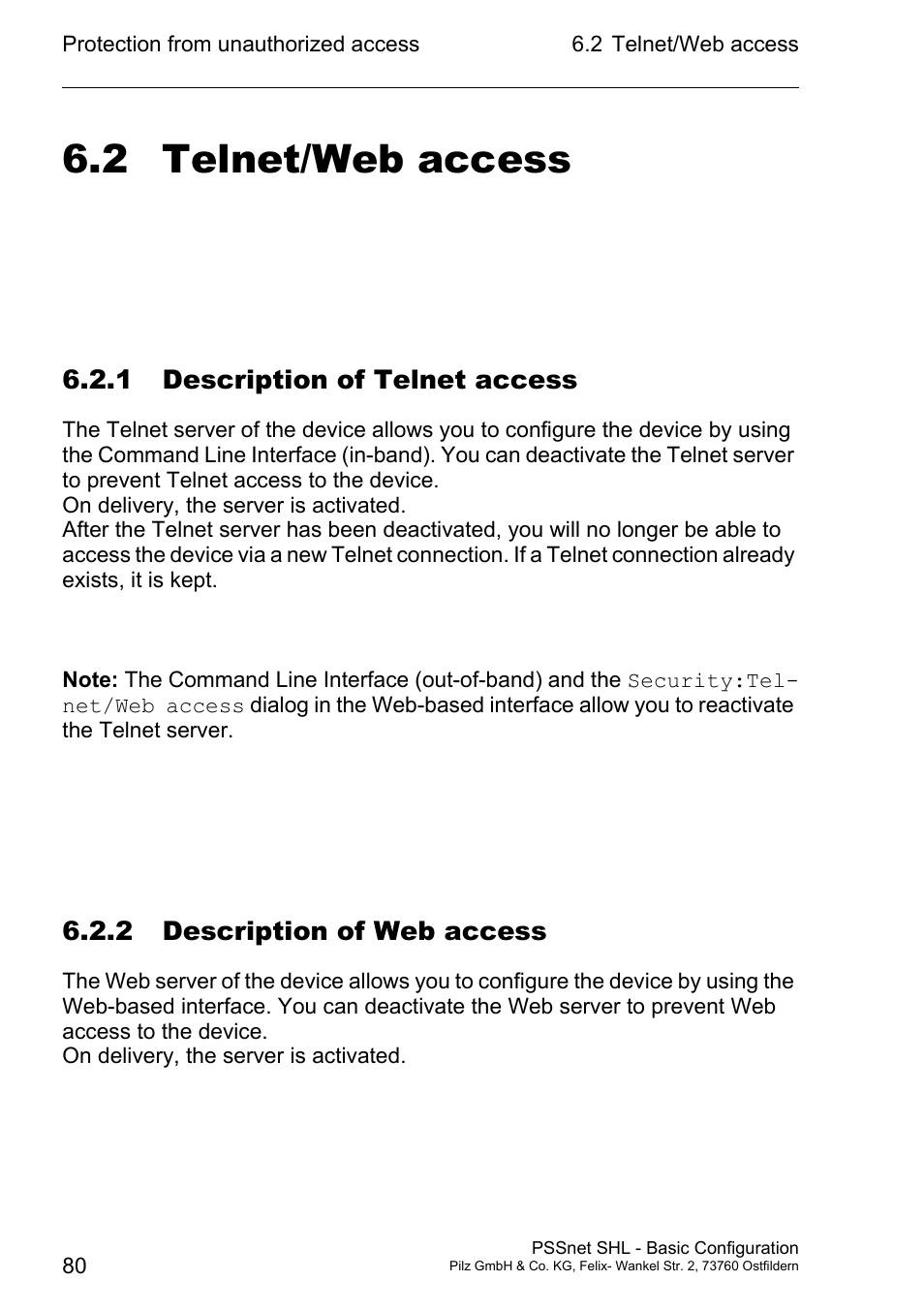 Telnet/web access, 1 description of telnet access, 2 description of web access | 2 telnet/web access | Pilz PSSnet SHL 8T MRP User Manual | Page 79 / 203