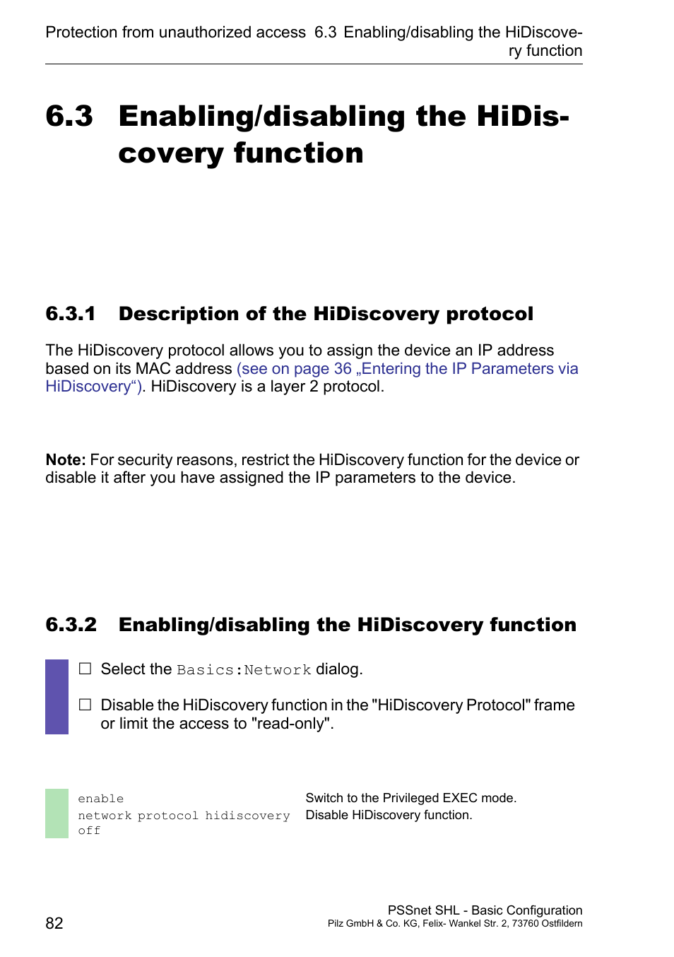 Enabling/disabling the hidiscovery function, 1 description of the hidiscovery protocol, 2 enabling/disabling the hidiscovery function | 3 enabling/disabling the hidis- covery function | Pilz PSSnet SHL 8T MRP User Manual | Page 81 / 203