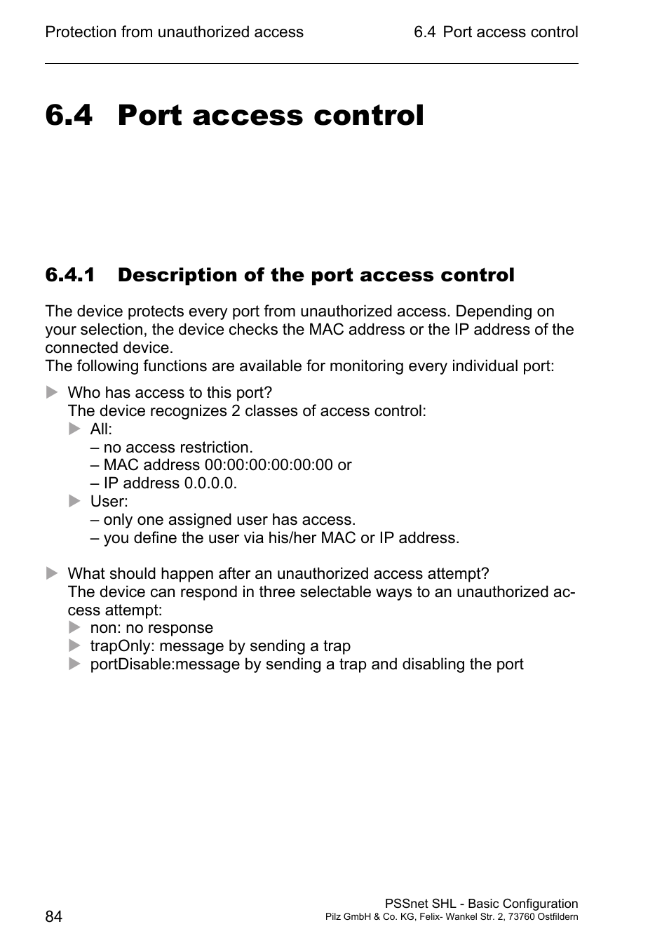 Port access control, 1 description of the port access control, 4 port access control | Pilz PSSnet SHL 8T MRP User Manual | Page 83 / 203