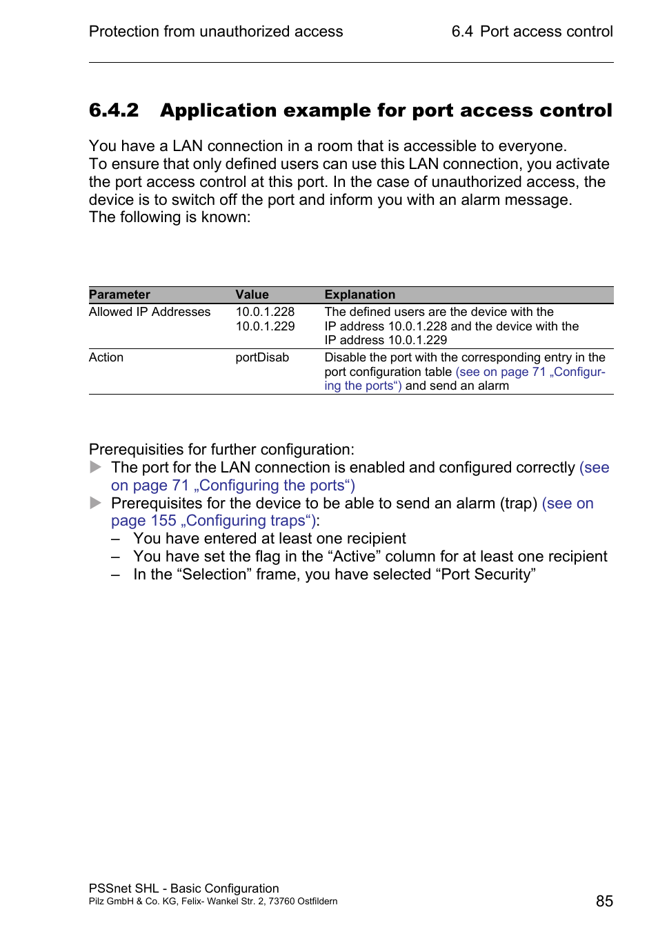 2 application example for port access control | Pilz PSSnet SHL 8T MRP User Manual | Page 84 / 203