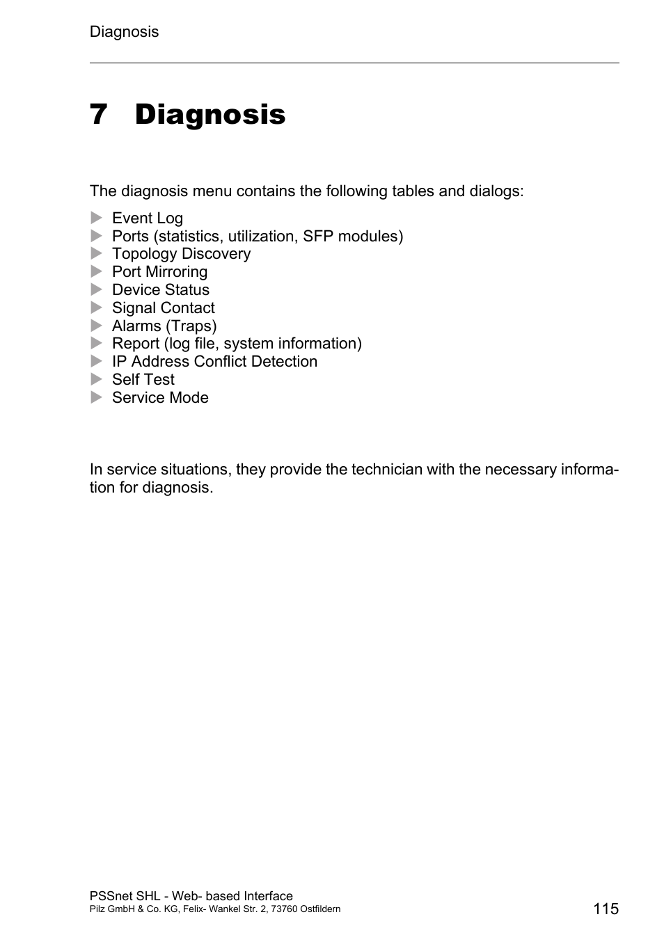 Diagnosis, 7 diagnosis | Pilz PSSnet SHL 8T MRP User Manual | Page 115 / 156