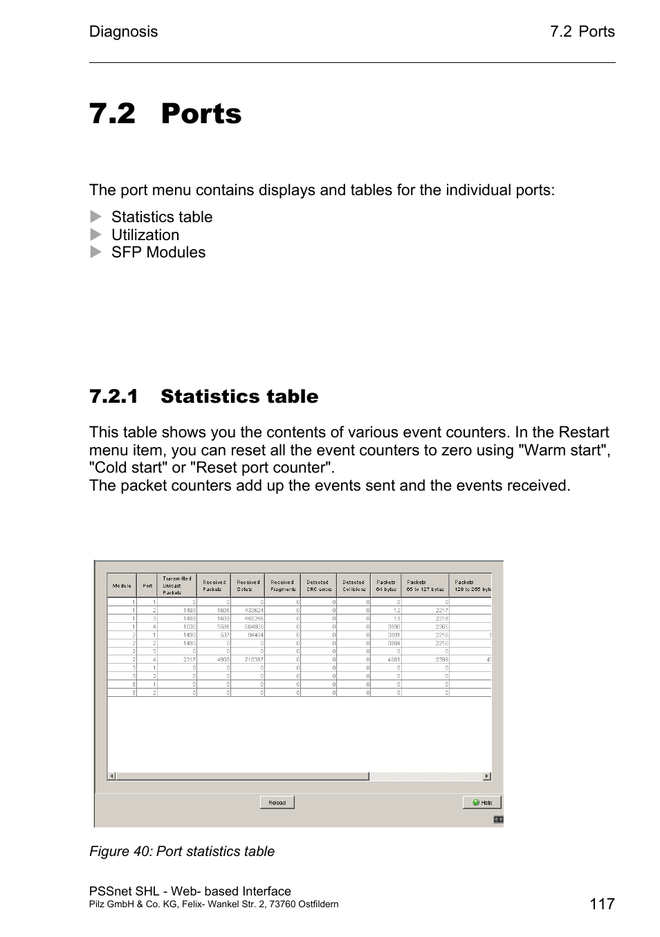 Ports 117 7.2.1 statistics table, 2 ports, 1 statistics table | Pilz PSSnet SHL 8T MRP User Manual | Page 117 / 156