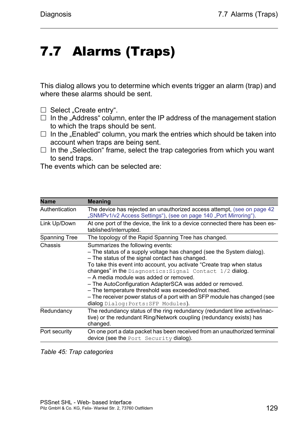 Alarms (traps), 7 alarms (traps) | Pilz PSSnet SHL 8T MRP User Manual | Page 129 / 156