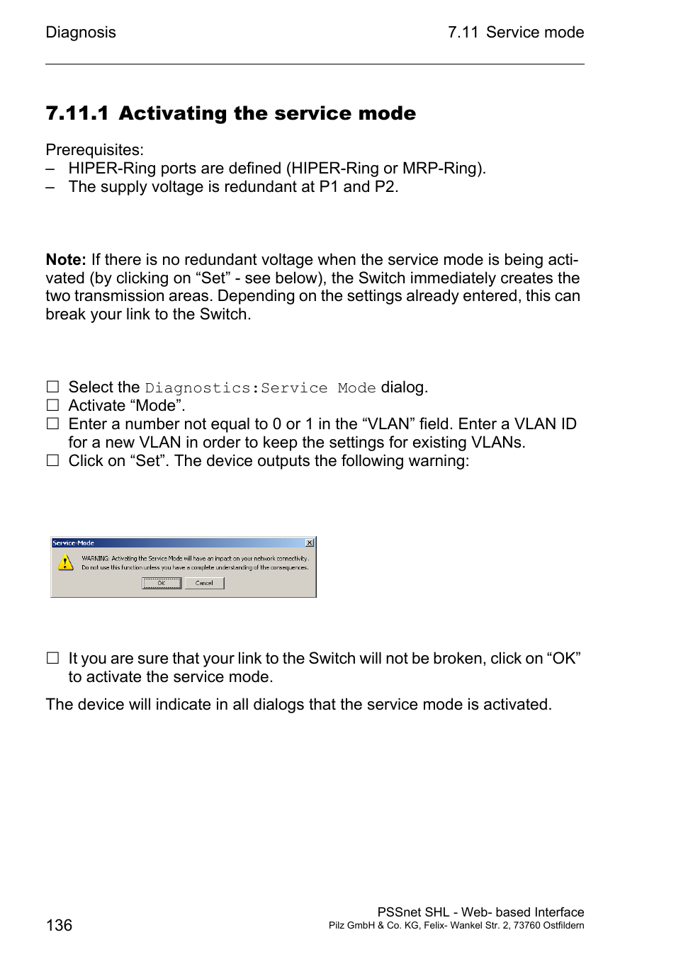 1activating the service mode, 1 activating the service mode | Pilz PSSnet SHL 8T MRP User Manual | Page 136 / 156