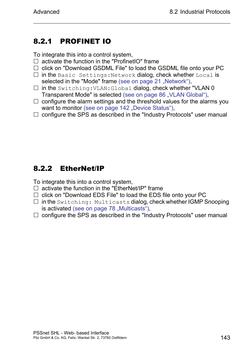 1 profinet io, 2 ethernet/ip 143, 2 ethernet/ip | Pilz PSSnet SHL 8T MRP User Manual | Page 143 / 156