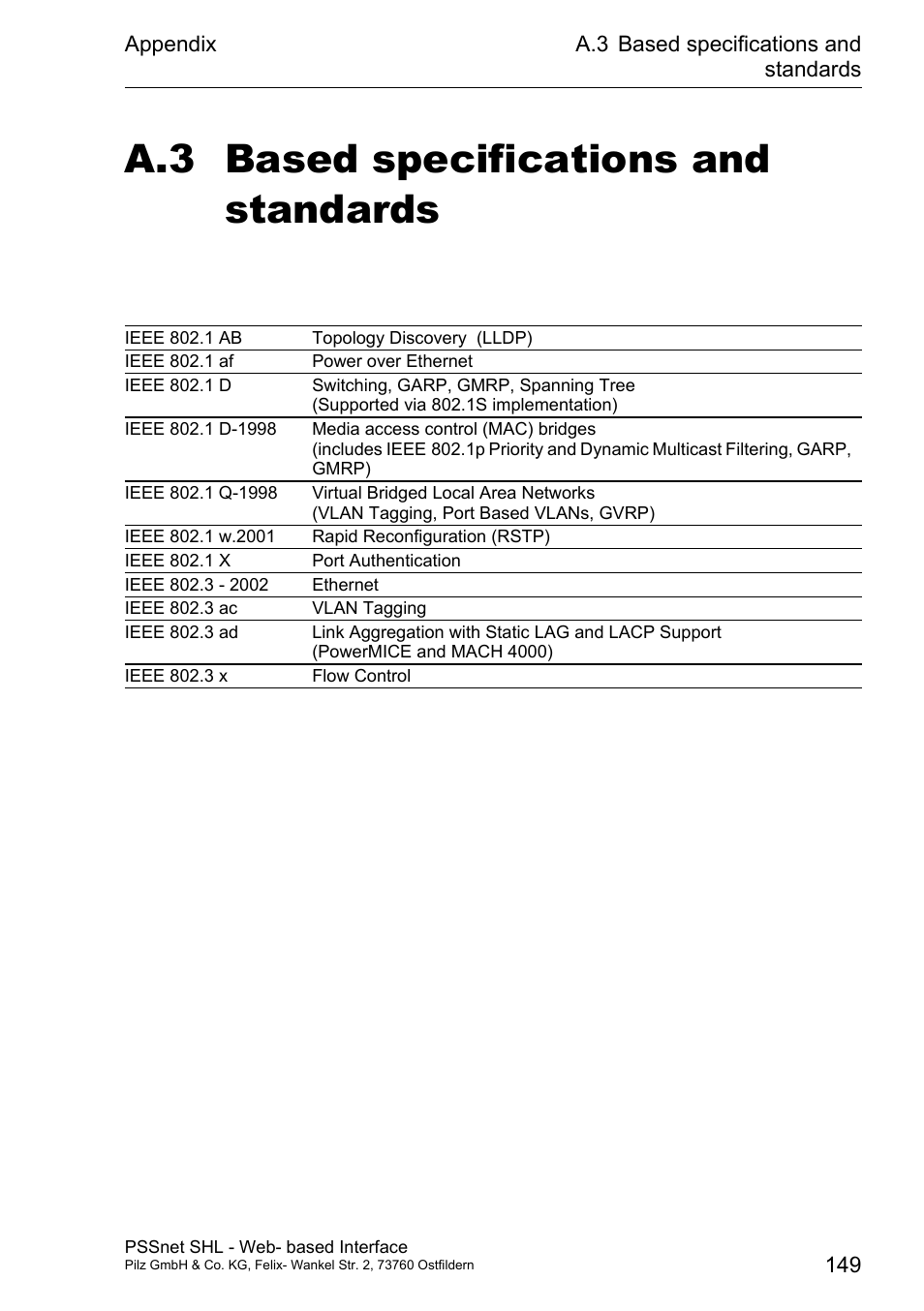 Based specifications and standards, A.3 based specifications and standards | Pilz PSSnet SHL 8T MRP User Manual | Page 149 / 156