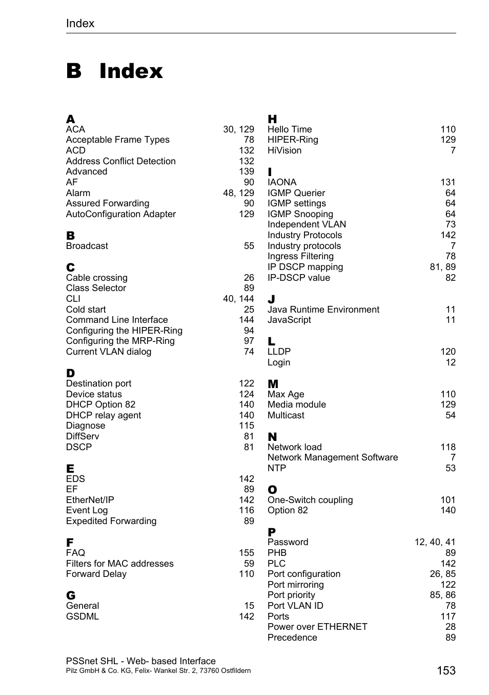 Index, B index | Pilz PSSnet SHL 8T MRP User Manual | Page 153 / 156