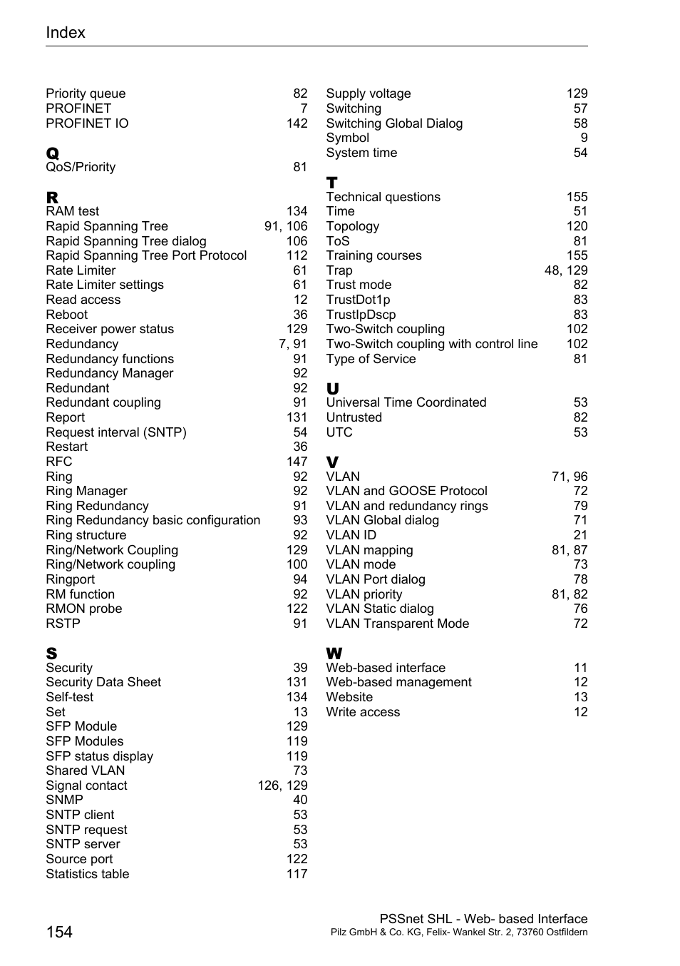 Index 154 | Pilz PSSnet SHL 8T MRP User Manual | Page 154 / 156