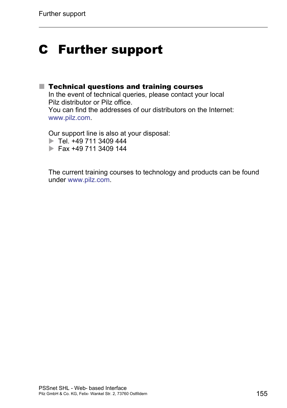 Further support, Technical questions, Training courses | C further support | Pilz PSSnet SHL 8T MRP User Manual | Page 155 / 156