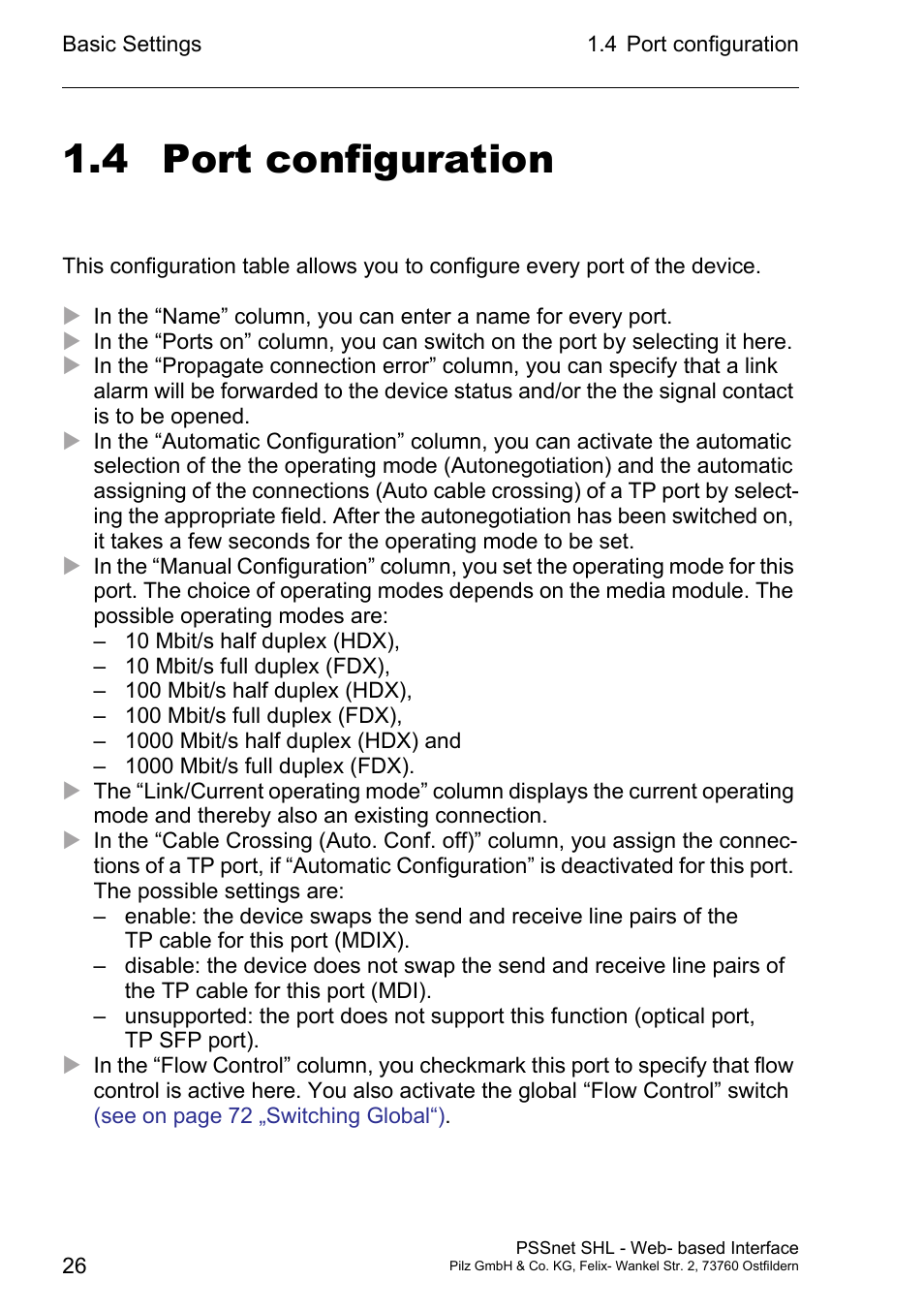 Port configuration, 4 port configuration | Pilz PSSnet SHL 8T MRP User Manual | Page 26 / 156