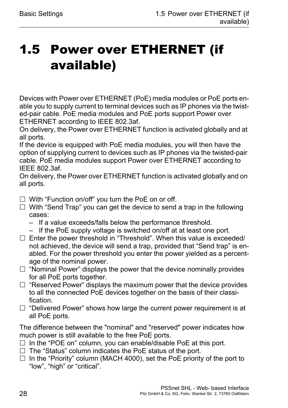 Power over ethernet (if available), 5 power over ethernet (if available) | Pilz PSSnet SHL 8T MRP User Manual | Page 28 / 156