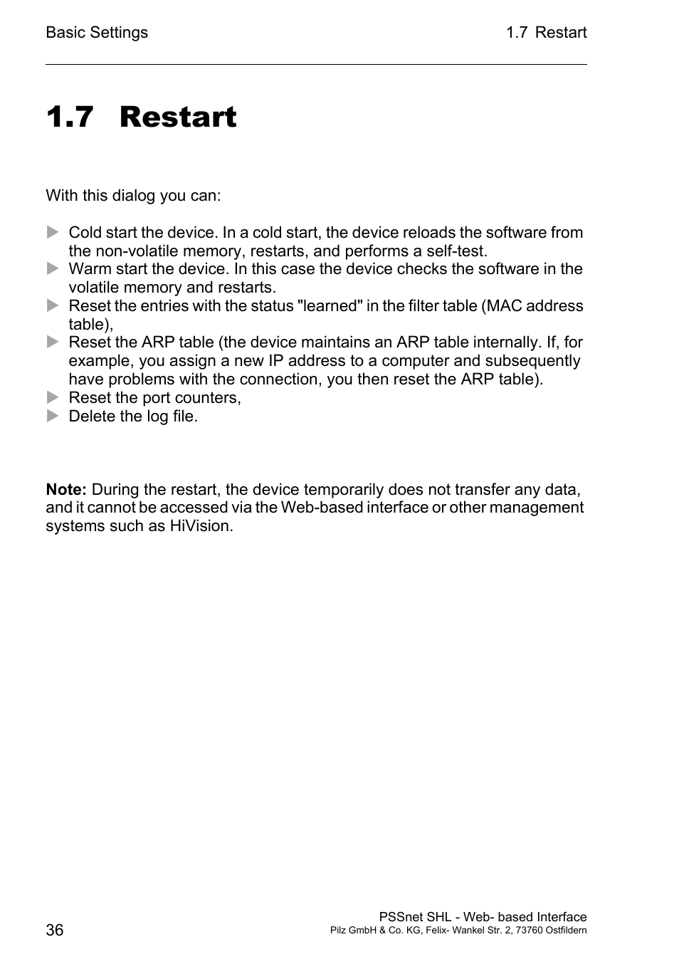 Restart 36, 7 restart | Pilz PSSnet SHL 8T MRP User Manual | Page 36 / 156