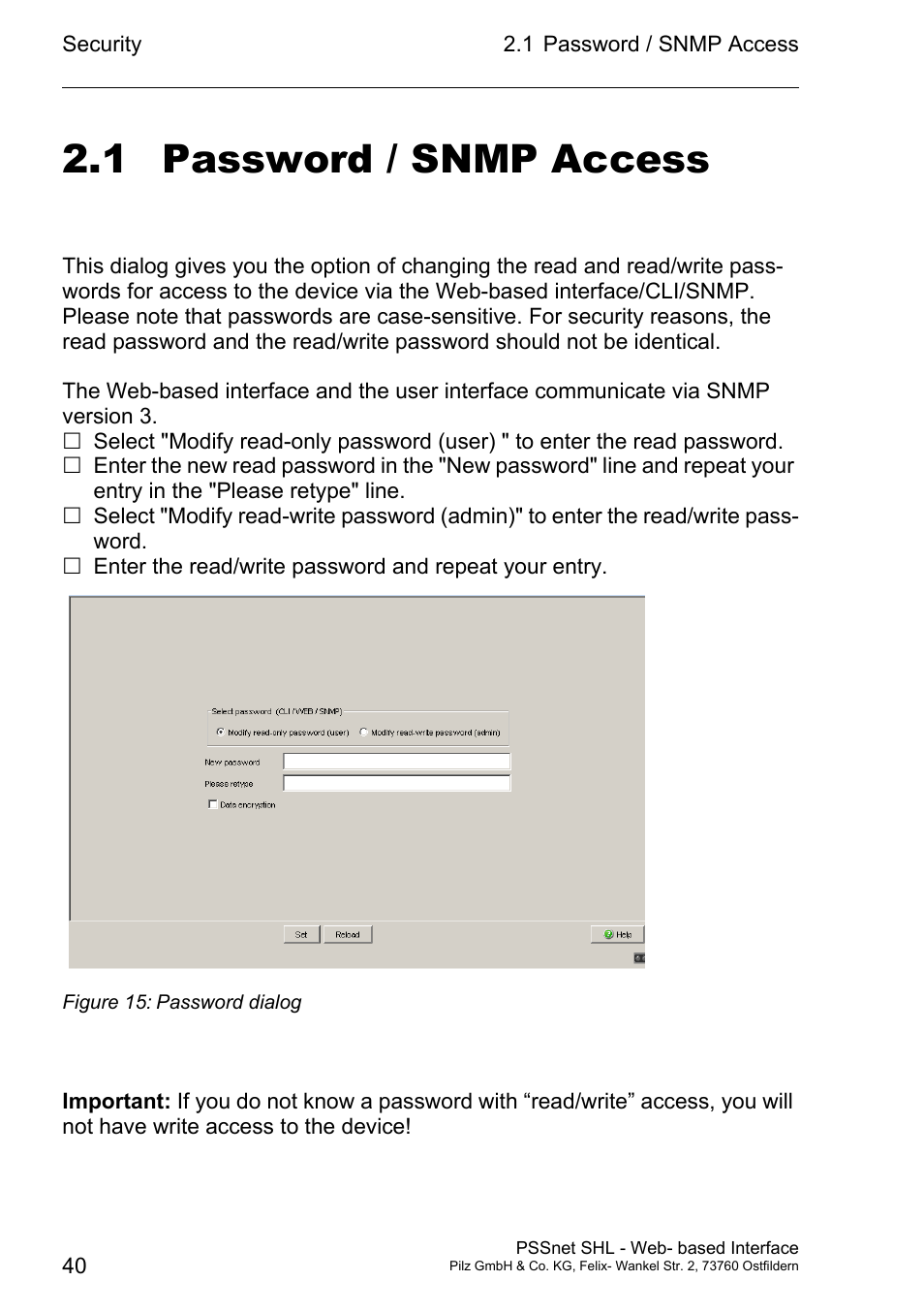 Password / snmp access, 1 password / snmp access | Pilz PSSnet SHL 8T MRP User Manual | Page 40 / 156