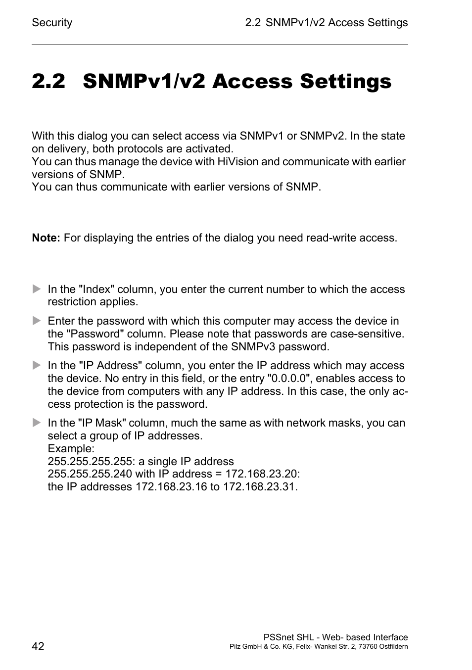 Snmpv1/v2 access settings, 2 snmpv1/v2 access settings | Pilz PSSnet SHL 8T MRP User Manual | Page 42 / 156