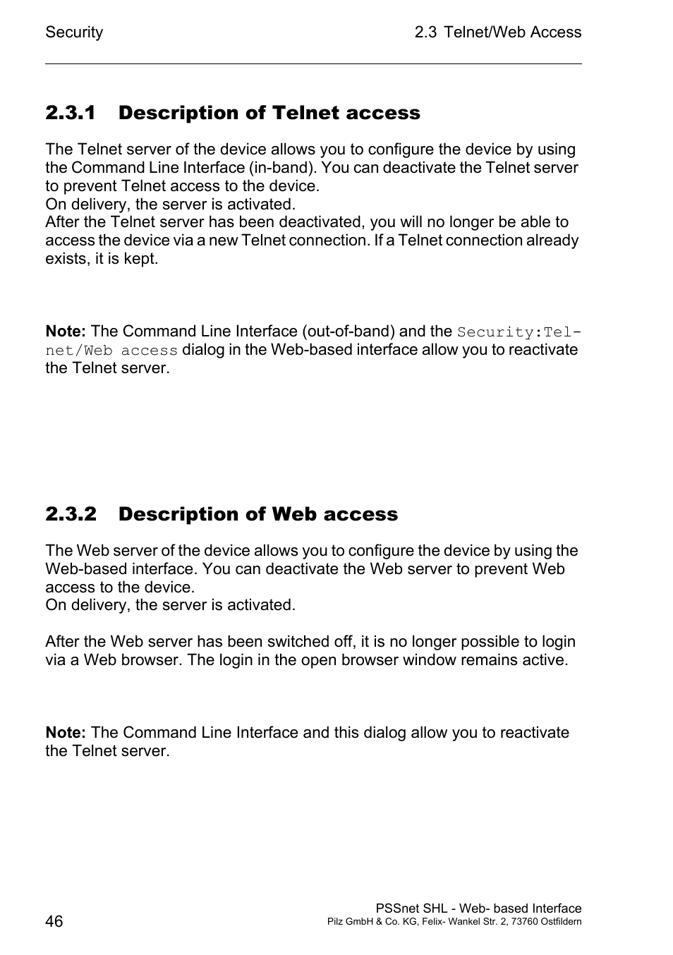 1 description of telnet access, 2 description of web access | Pilz PSSnet SHL 8T MRP User Manual | Page 46 / 156