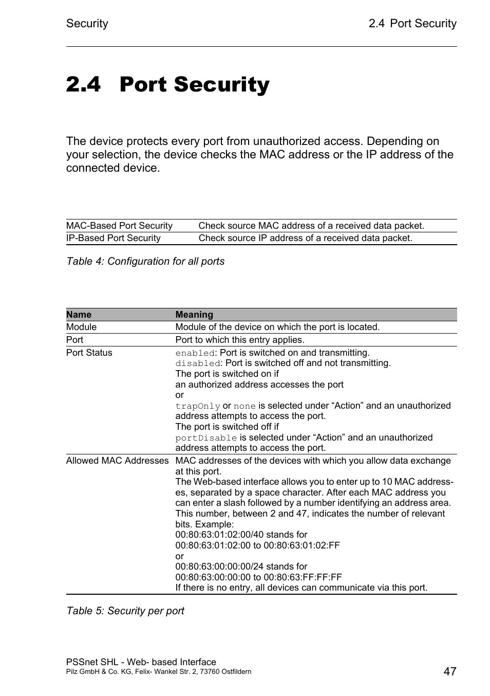 Port security, 4 port security | Pilz PSSnet SHL 8T MRP User Manual | Page 47 / 156