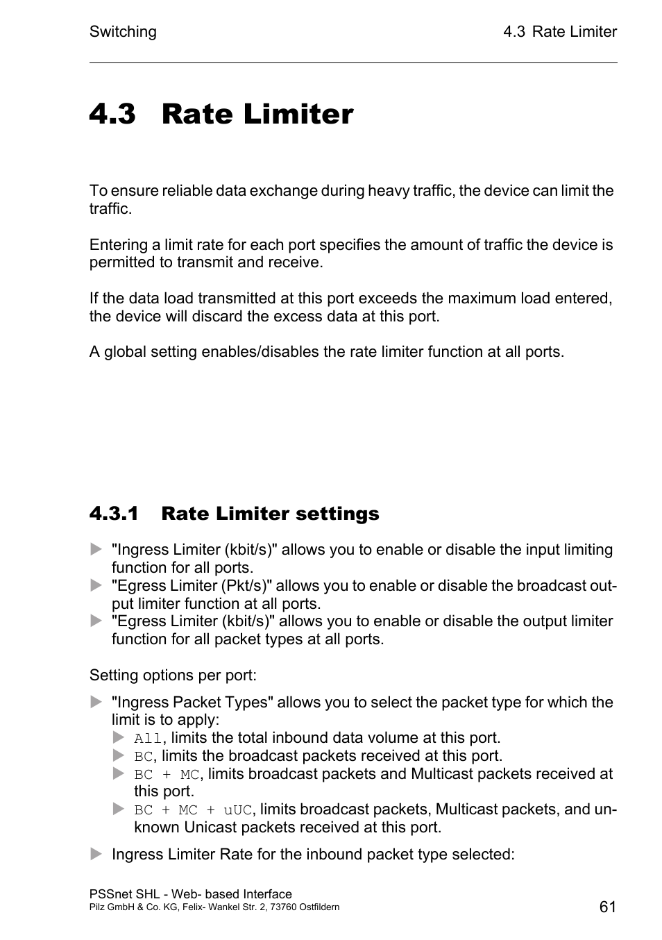 Rate limiter, 1 rate limiter settings, 3 rate limiter | Pilz PSSnet SHL 8T MRP User Manual | Page 61 / 156