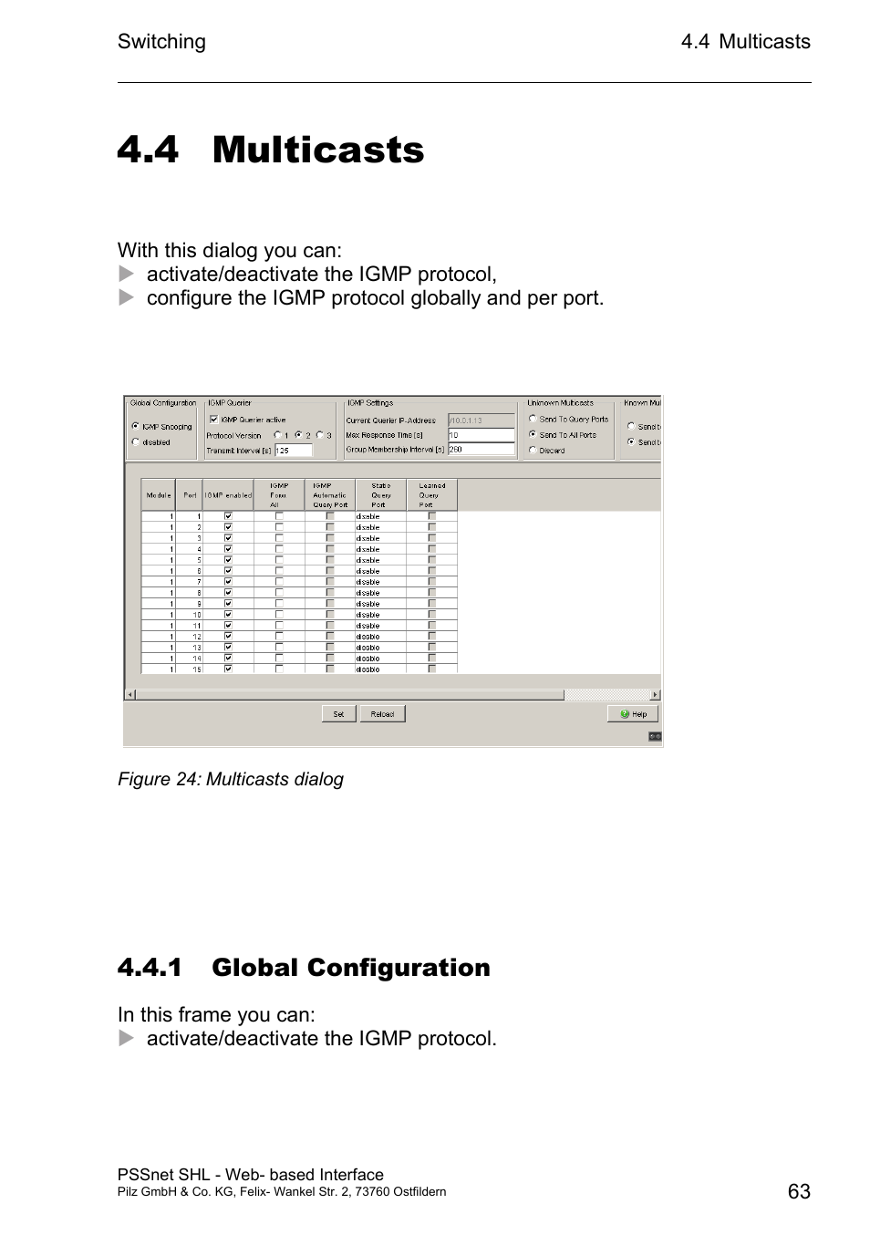 Multicasts 63 4.4.1 global configuration, 4 multicasts, 1 global configuration | Pilz PSSnet SHL 8T MRP User Manual | Page 63 / 156