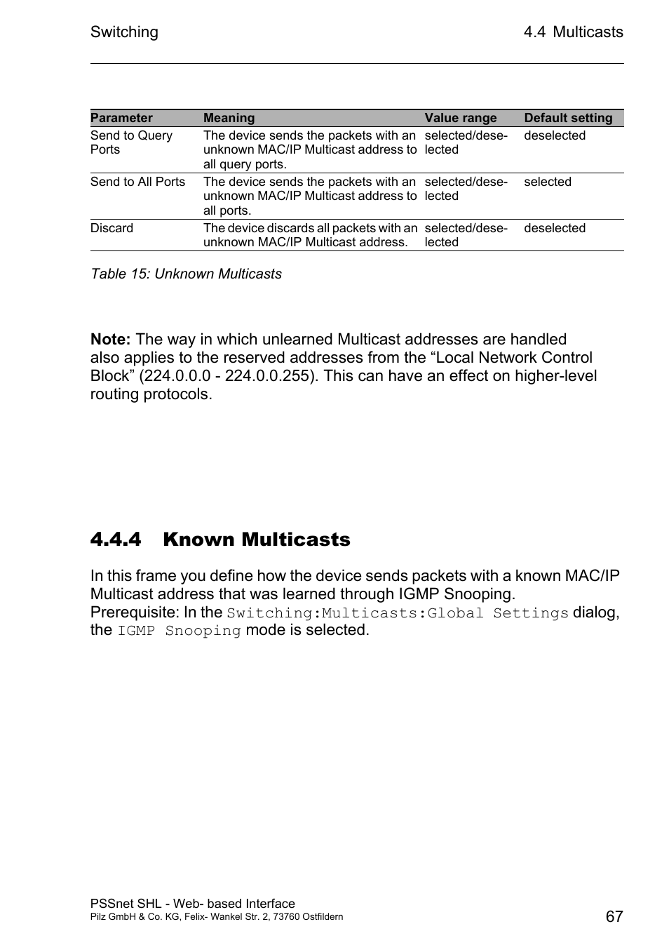 4 known multicasts | Pilz PSSnet SHL 8T MRP User Manual | Page 67 / 156