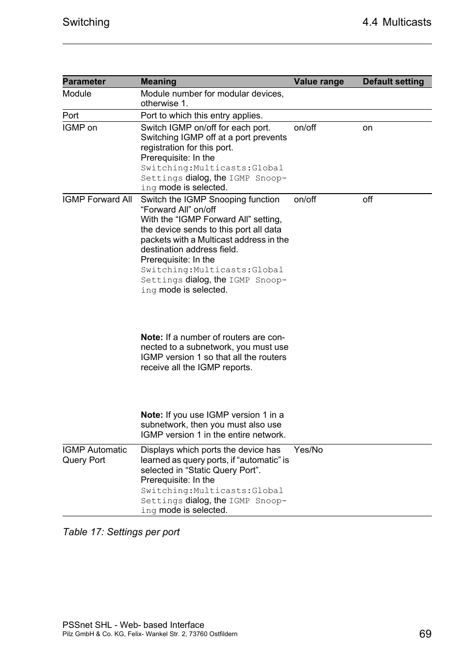 Switching, 4 multicasts 69 | Pilz PSSnet SHL 8T MRP User Manual | Page 69 / 156