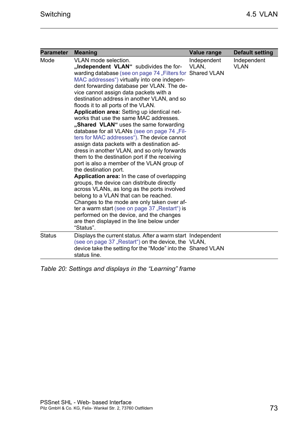 Switching, 5 vlan 73 | Pilz PSSnet SHL 8T MRP User Manual | Page 73 / 156