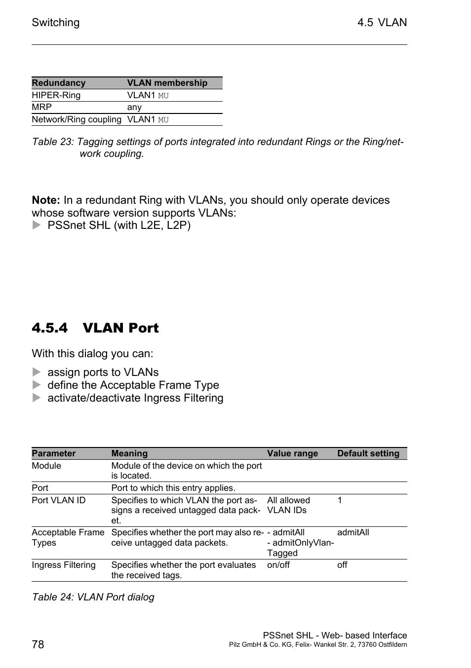 4 vlan port | Pilz PSSnet SHL 8T MRP User Manual | Page 78 / 156