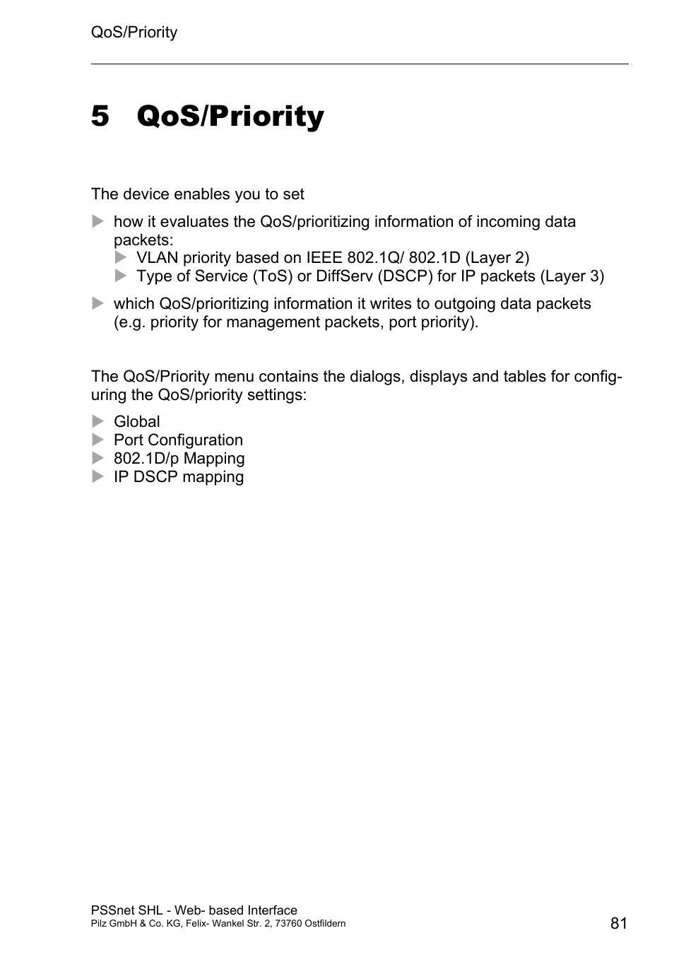 Qos/priority, 5 qos/priority | Pilz PSSnet SHL 8T MRP User Manual | Page 81 / 156