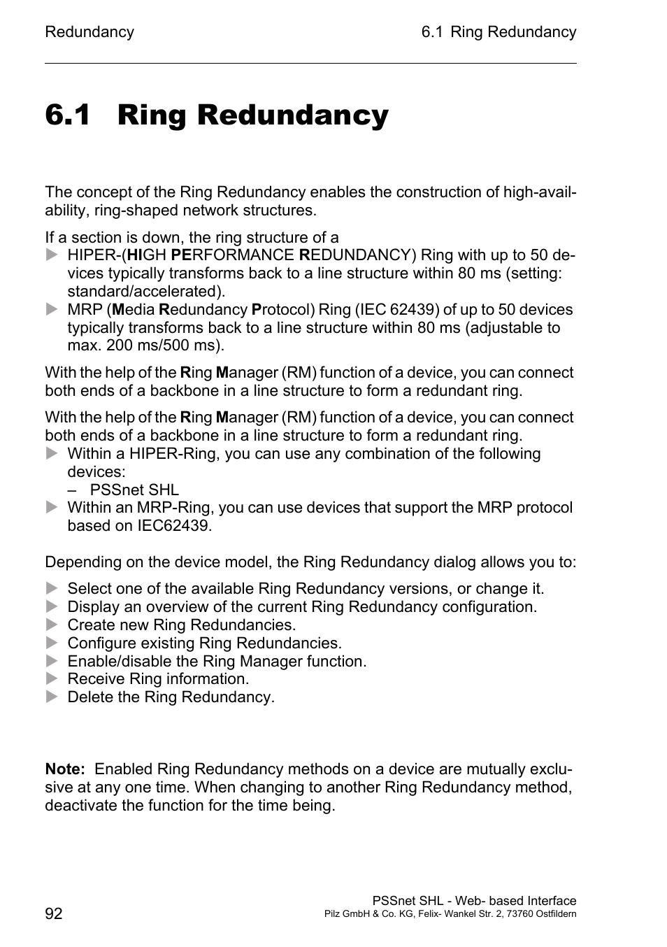 Ring redundancy, 1 ring redundancy | Pilz PSSnet SHL 8T MRP User Manual | Page 92 / 156