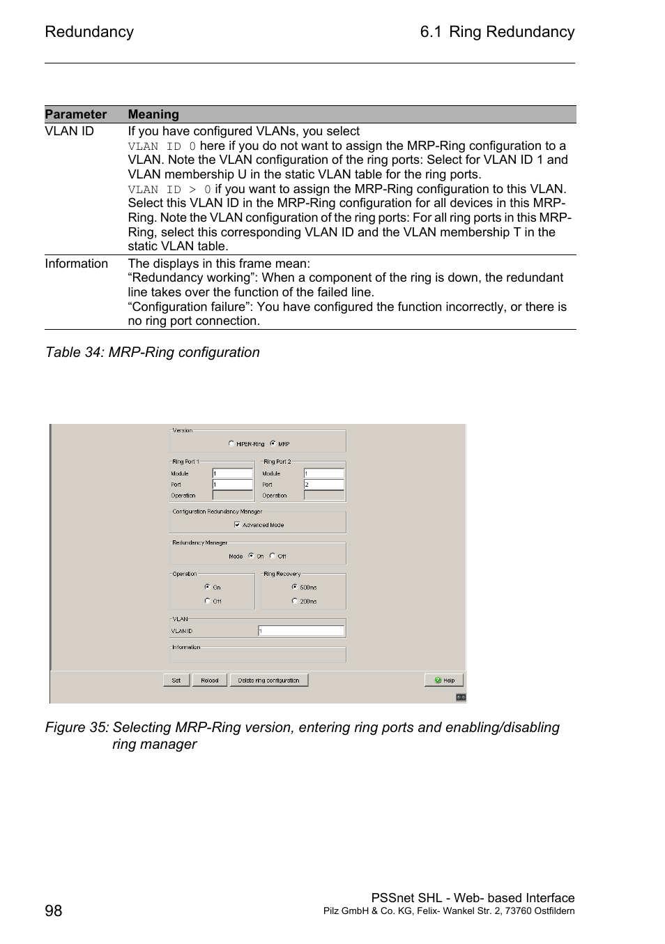 Redundancy 98 6.1 ring redundancy | Pilz PSSnet SHL 8T MRP User Manual | Page 98 / 156