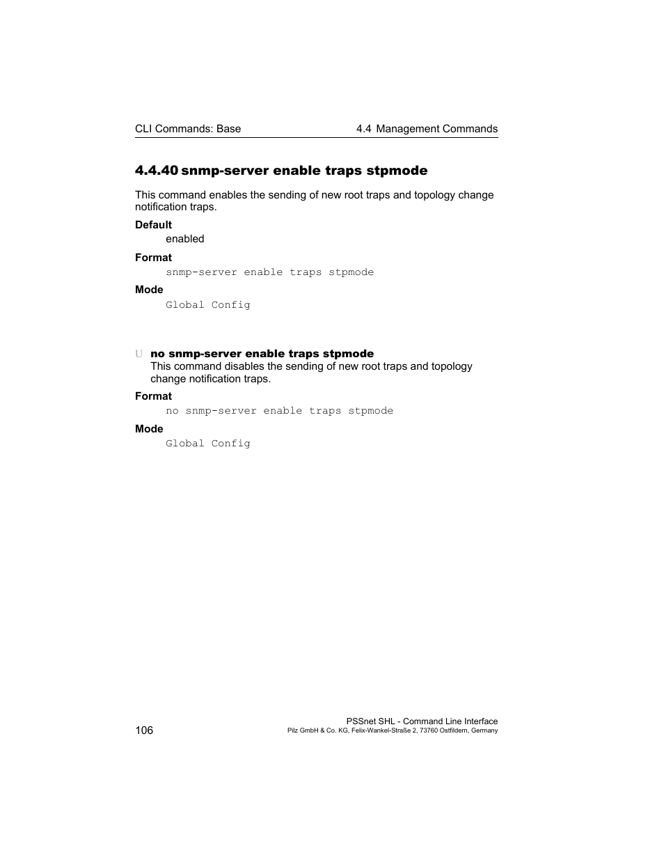 40 snmp-server enable traps stpmode, 40snmp-server enable traps stpmode | Pilz PSSnet SHL 8T MRP User Manual | Page 106 / 353