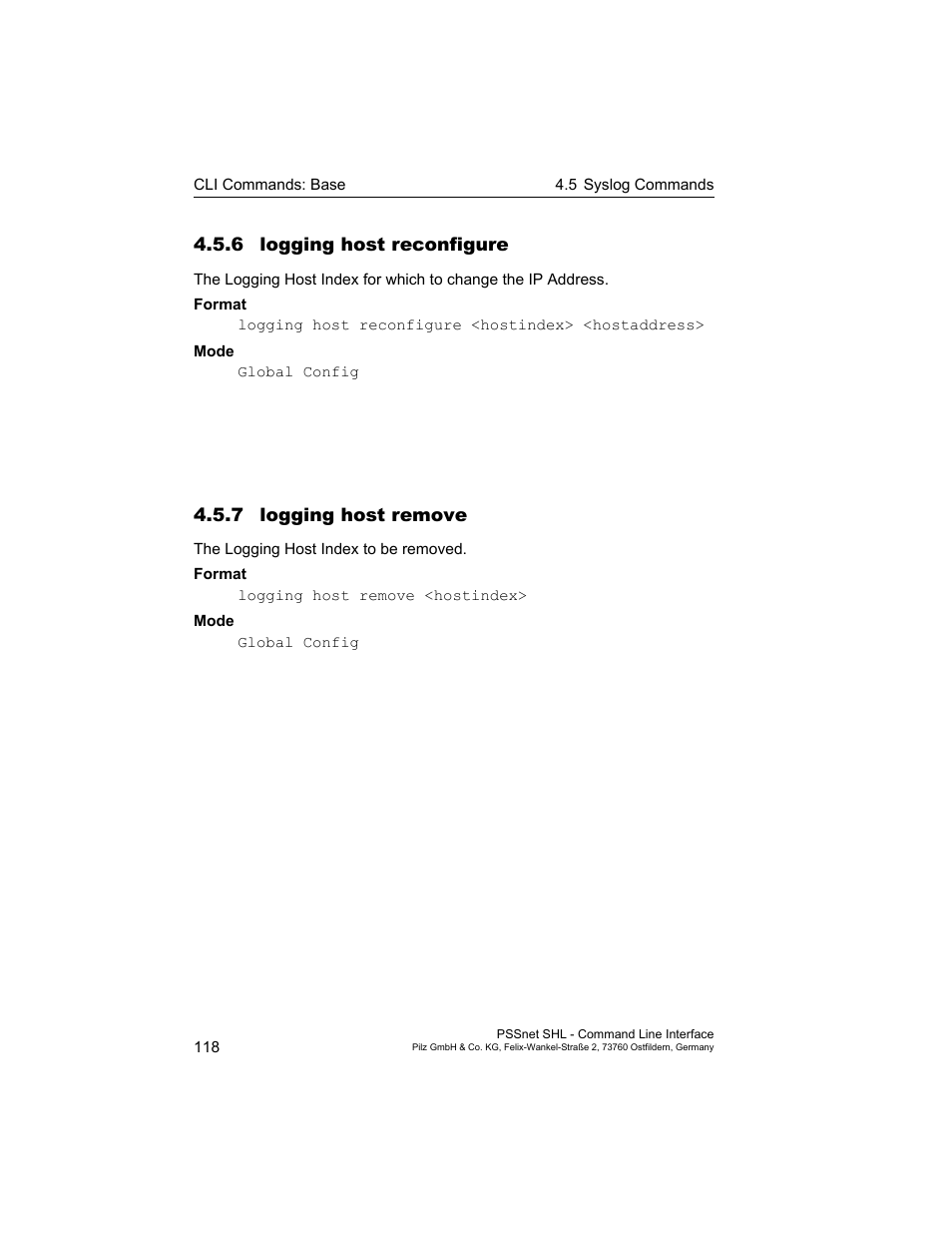 6 logging host reconfigure, 7 logging host remove | Pilz PSSnet SHL 8T MRP User Manual | Page 118 / 353