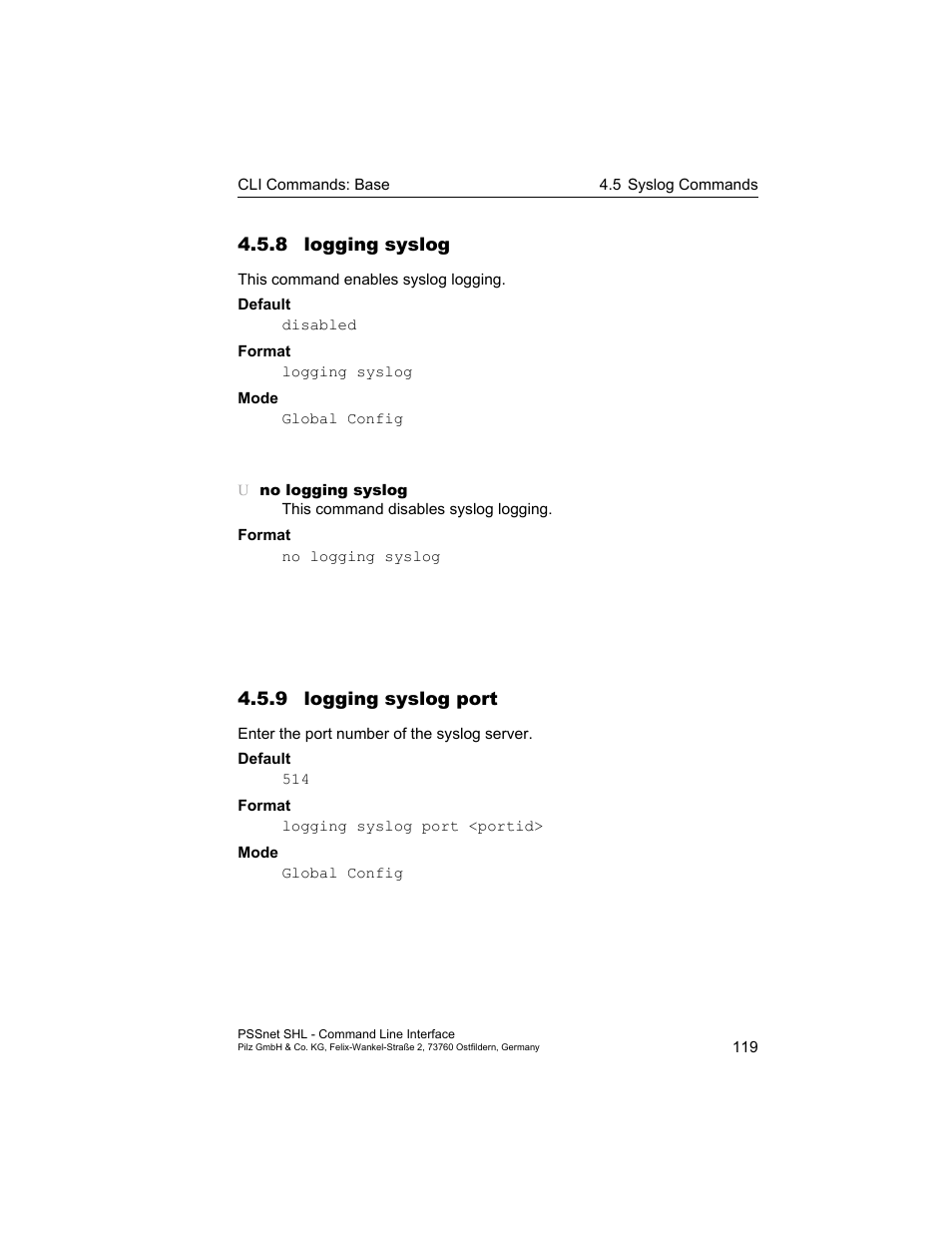 8 logging syslog, 9 logging syslog port | Pilz PSSnet SHL 8T MRP User Manual | Page 119 / 353