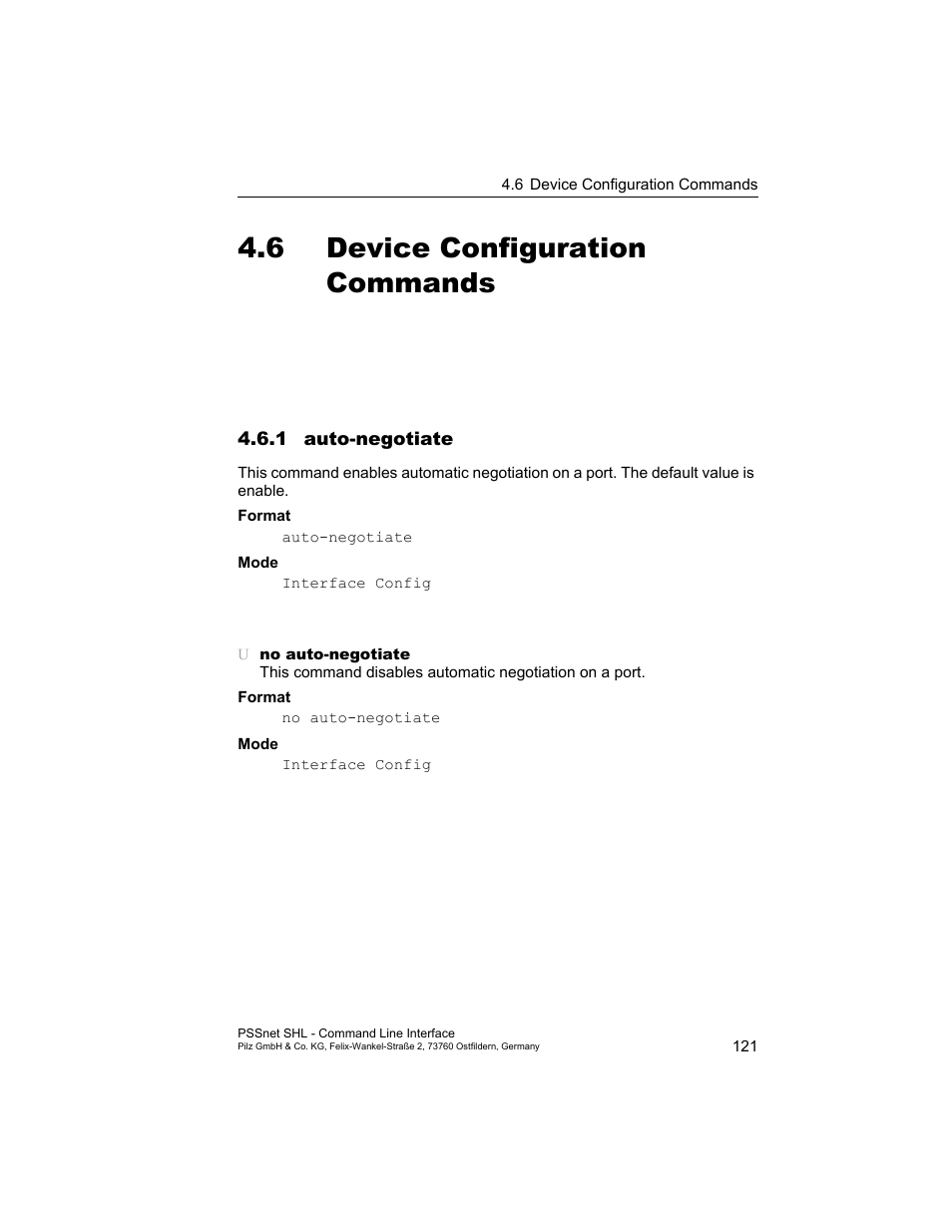 6 device configuration commands, 1 auto-negotiate, Device configuration commands | 1 auto-negotiate 121 | Pilz PSSnet SHL 8T MRP User Manual | Page 121 / 353