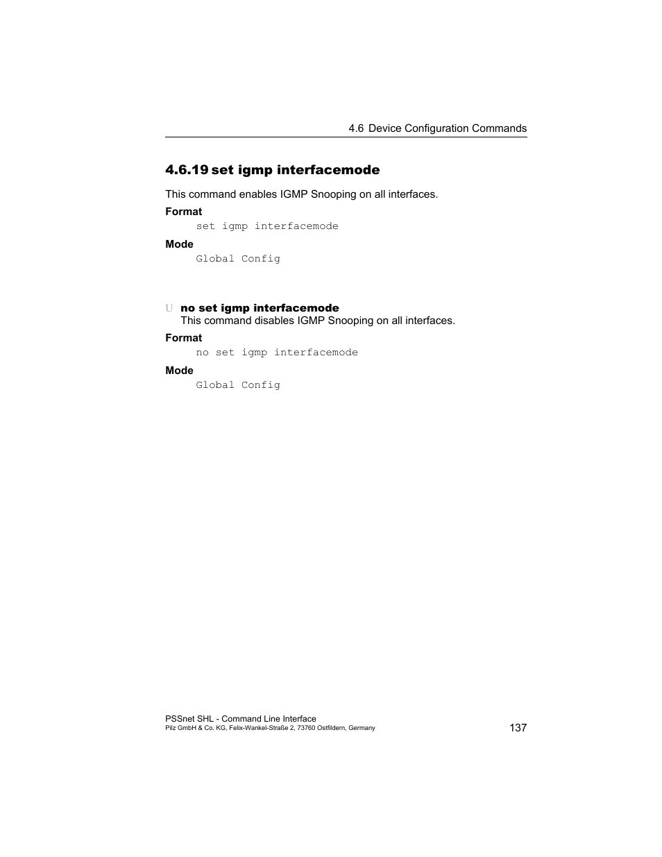 19 set igmp interfacemode, 19set igmp interfacemode | Pilz PSSnet SHL 8T MRP User Manual | Page 137 / 353