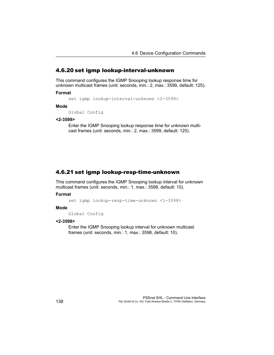 20 set igmp lookup-interval-unknown, 21 set igmp lookup-resp-time-unknown, 20set igmp lookup-interval-unknown | 21set igmp lookup-resp-time-unknown | Pilz PSSnet SHL 8T MRP User Manual | Page 138 / 353
