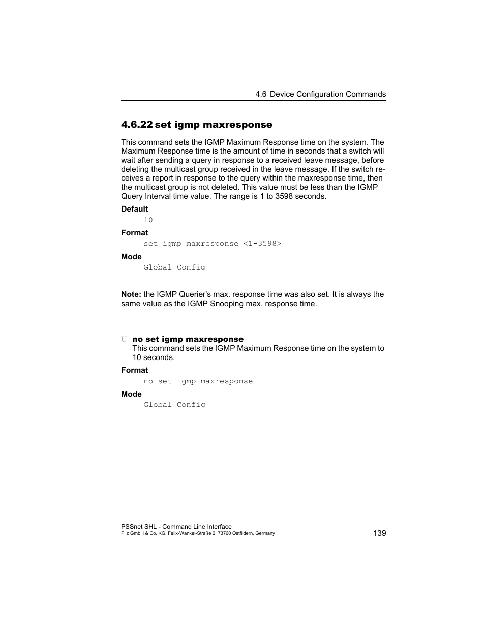 22 set igmp maxresponse, 22set igmp maxresponse | Pilz PSSnet SHL 8T MRP User Manual | Page 139 / 353