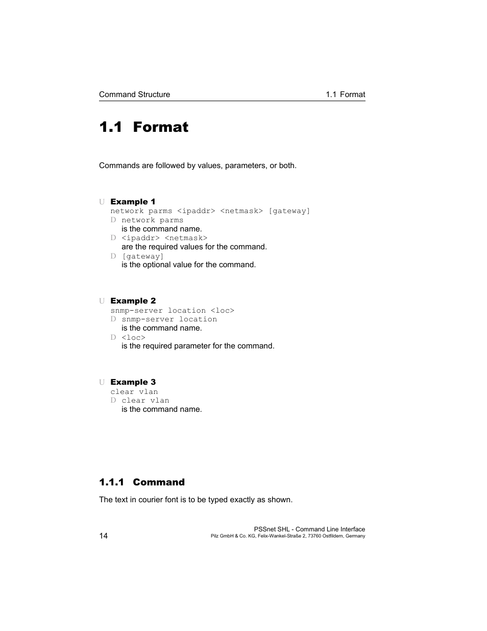 1 format, 1 command, Format 14 2.1.1 command 14 | Pilz PSSnet SHL 8T MRP User Manual | Page 14 / 353